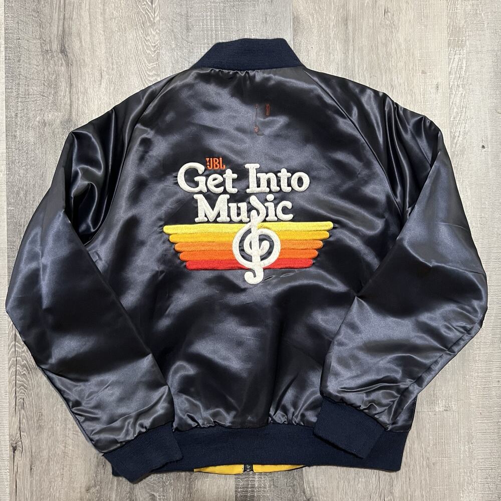 Vintage JBL Speakers "Get Into Music" Blue Satin 1980s Men's Bomber Jacket Sz M